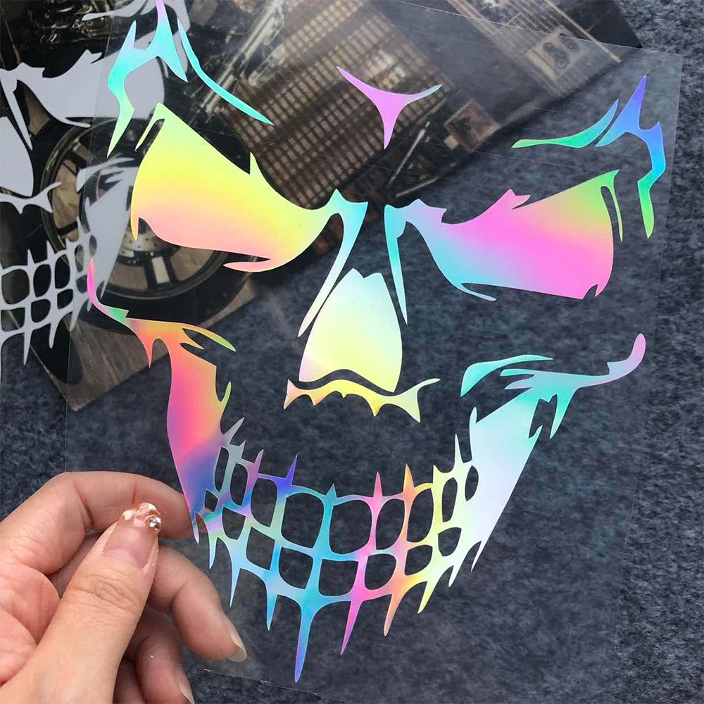 Skull Head Reflective Motorcycle Stickers – Laser Rainbow Decals for Helmet, Scooter, Bike Body & Windshield 3