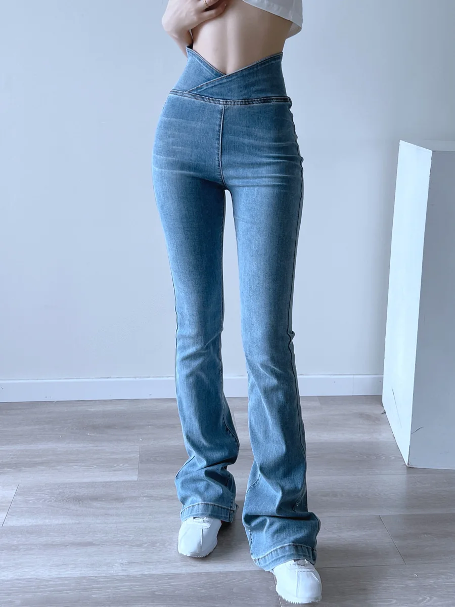 Full Elastic No Zipper High Waist Hip Denim Flared Pants High Waist Elastic Retro American Flared Pants Female 2022 trendy dark blue denim pants high waisted slim fit stretch flared denim pants women vintage high waist flared bell bottom jeans