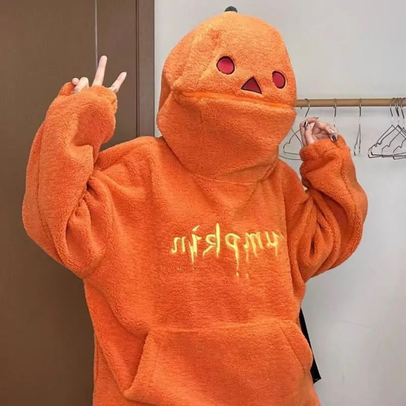 

New Retro Autumn WinterY2k Cartoon Pumpkin Jacket Funny Hoodie Women's Lamb Plush Niche Design Top Trendy Halloween Clothing