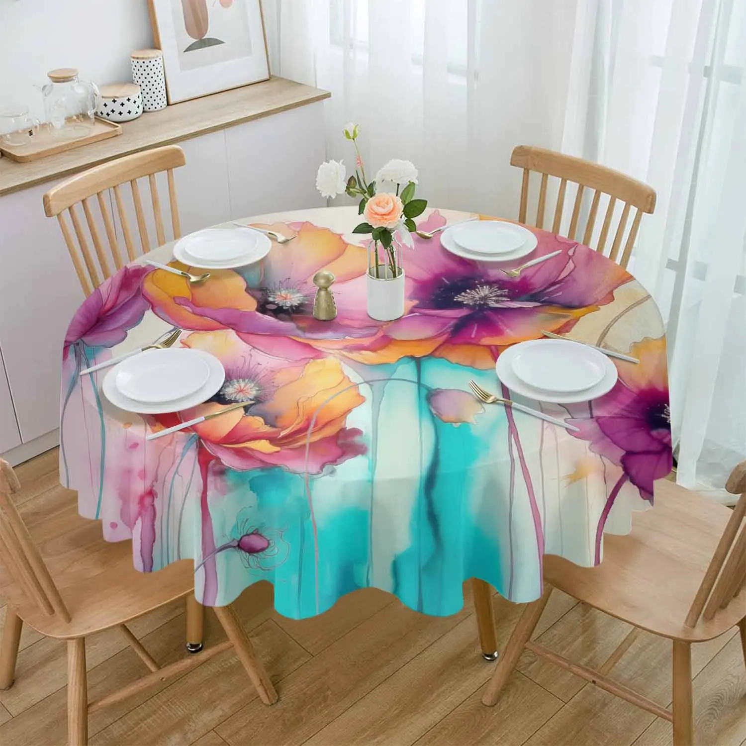 

Spring Watercolor Poppy Flower Plant Table Cloth Waterproof Wedding Holiday Tablecloth Coffee Table Decor Table Cover
