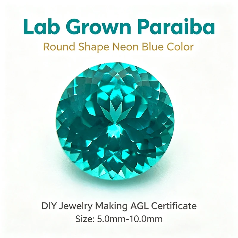 Laborgezüchteter Paraiba-Rundschliff in Neonblau für DIY-Schmuckherstellung, Ring, Halskette, Ohrringe, Hauptmaterialien, Zertifikat