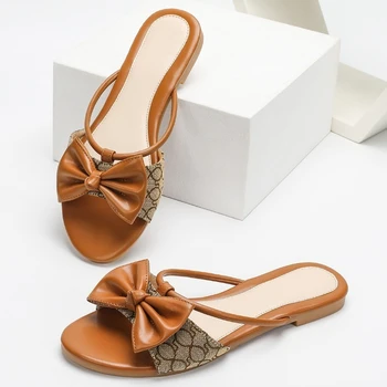 Elegant Pointed Toe Bow Narrow Band Flat Slippers Women Sexy Open Toe Non-slip Large Size Flat Shoes Comfort Vacation Beach Shoe