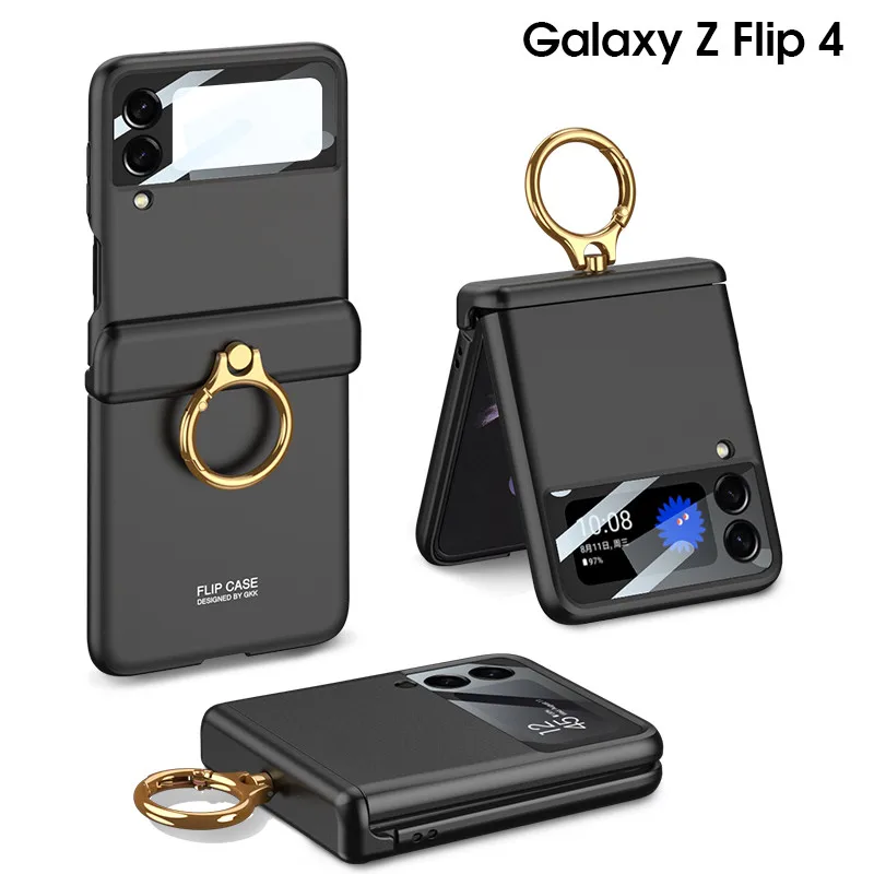 

For Samsung Galaxy Z Flip3/4 Hinge Magnetic Stand Case Luxury Hard Cover With Ring+Small Screen Protector