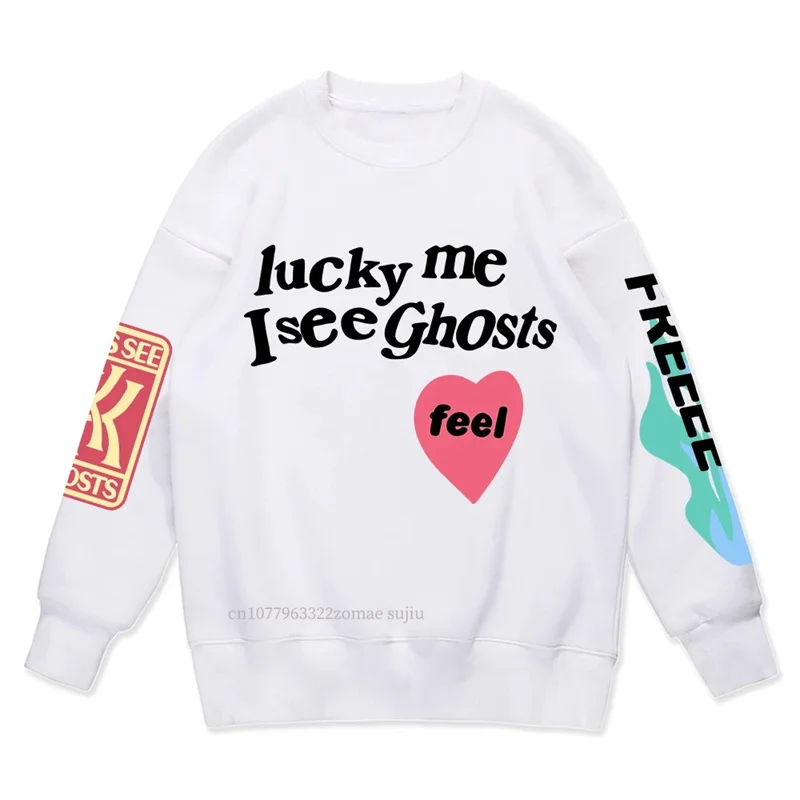 

Kanye West Style Street Sweatshirt Men Loose Oversized Cotton Hoodie Lucky Me I See Ghosts Print Pullover Winter Thick Clothing