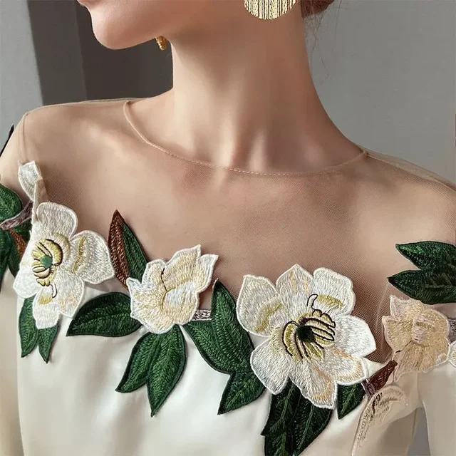 Summer Women Long Sleeve Off Shoulder Mesh Spliced Satin Embroidered Shirt Women Tops Shirts for Women Blusa Chifon Blouse C270 2