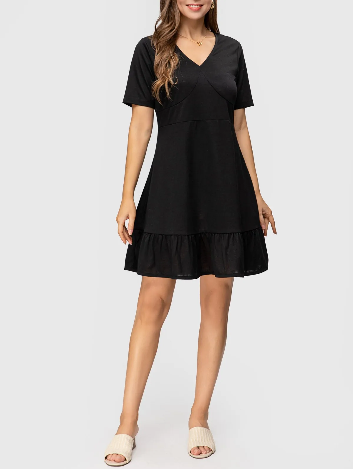 

FASHIONSPARK Women's Slim Fit Ruffle Hem Dress Short Sleeves V Neck Summer Casual Mini Beach Dress High Waist A-Line Dresses