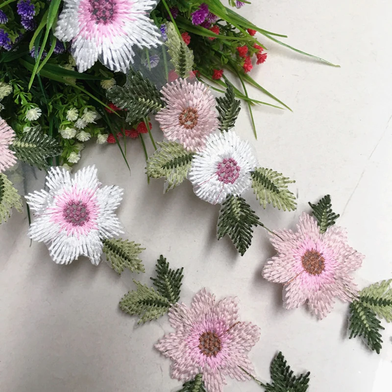 1야드 멀티 수제 꽃 자수 레이스 원단 트림 튤 웨딩 헤어 리본 의류 DIY 레이스 바느질 수선용