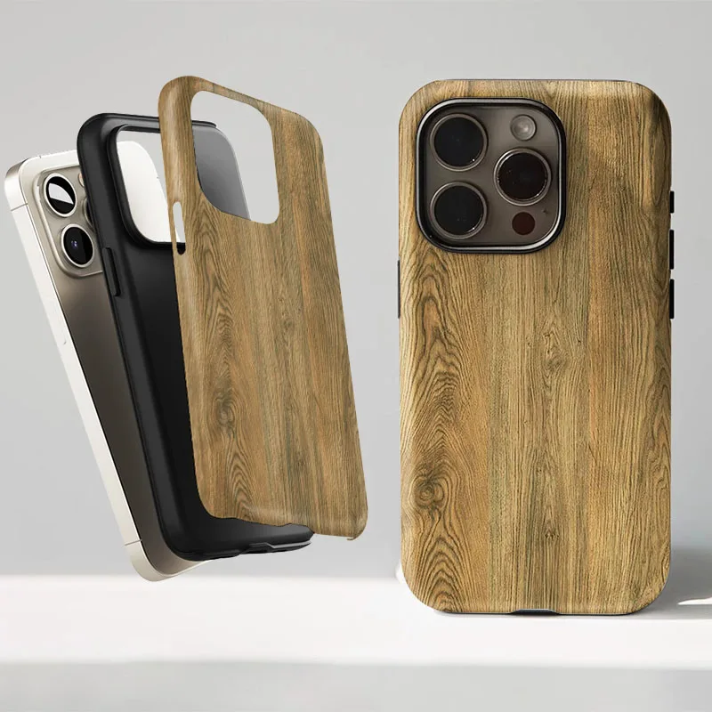 Wood Grain Pattern Shockproof Phone Case with 2-in-1 Film Shell Cover