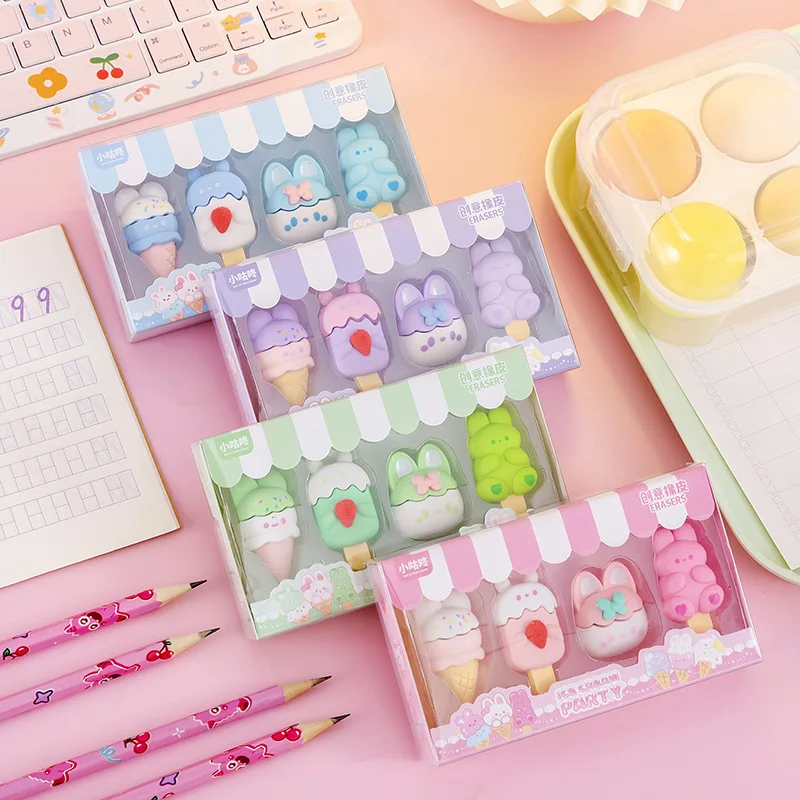 Set di 4 Gomme da Cancellare a Forma di Cartone Animato, Kawaii Dessert Coniglio e Gelato, in Confezione Regalo per Studenti, Cancelleria Scolastica per Bambini - immagine 6