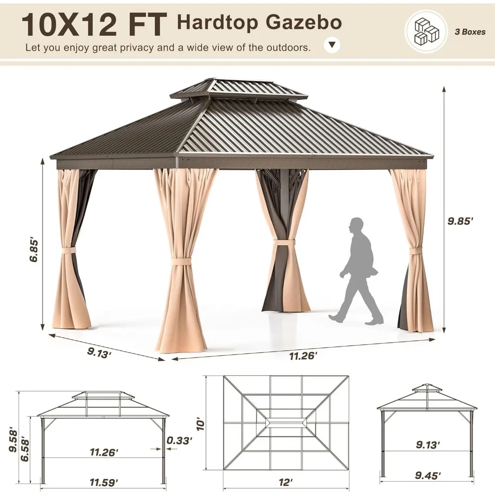 10x12 FT Hardtop Gazebo with Aluminum Frame, Galvanized Steel Double Roof Gazebo with Nettings and Curtains, Permanent Outdoor 6