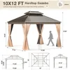 10x12 FT Hardtop Gazebo with Aluminum Frame, Galvanized Steel Double Roof Gazebo with Nettings and Curtains, Permanent Outdoor 6