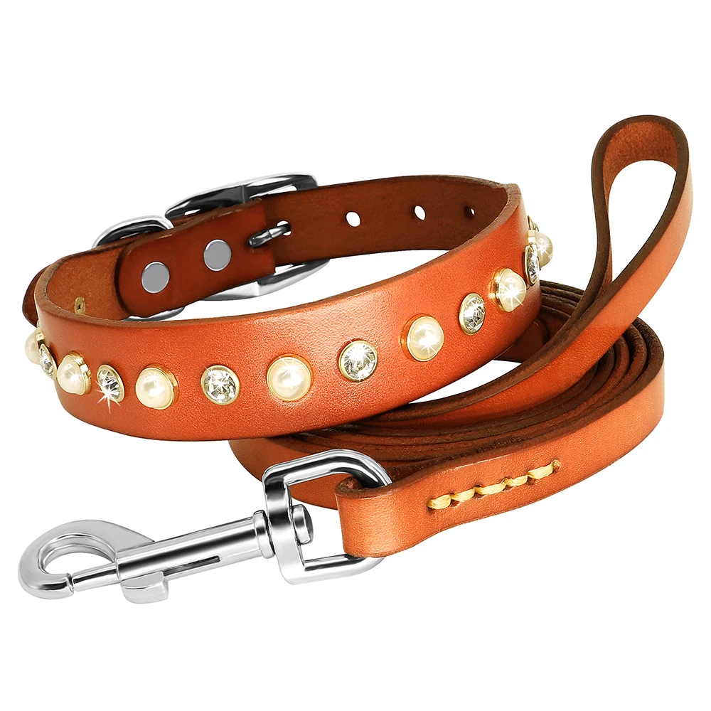 Genuine Leather Dog Collar Leash Set Bling Rhinestone Puppy Cat - Main Image