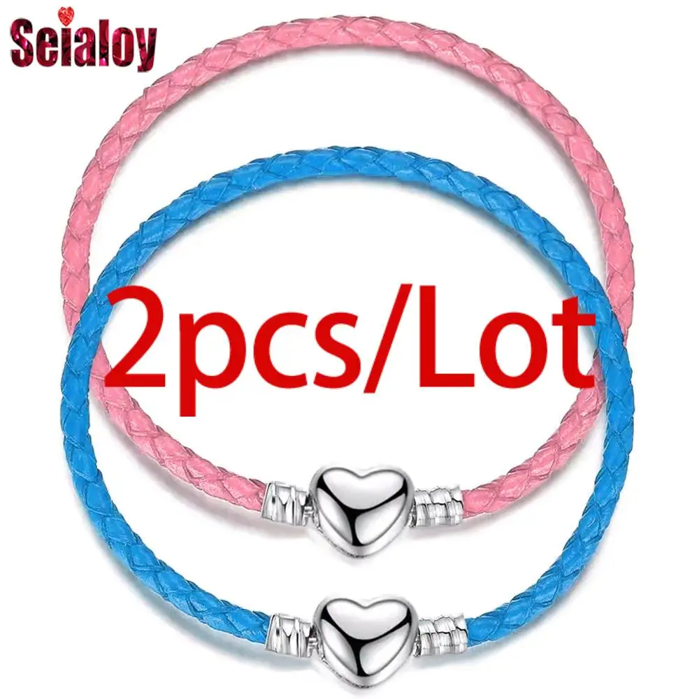 Seialoy 2pcs/lot Heart Buckle Woven Genuine Leather Bracelets Fit Diy Charm Couple Friendship