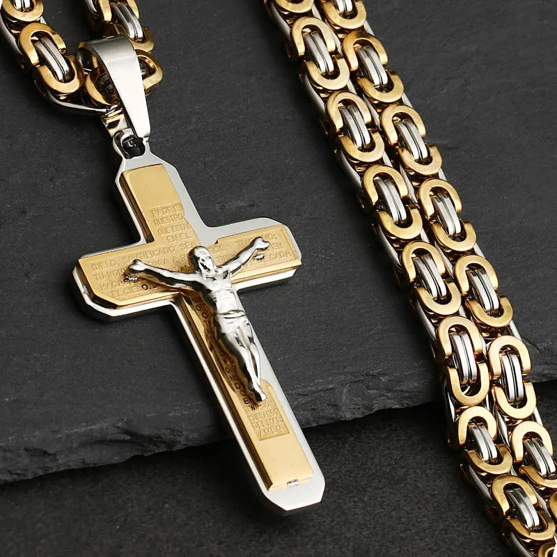 Gothic Bibel Kreuz Kruzifix Jesus Anhänger Halsketten Edelstahl Byzantinische Gliederkette Halsketten für Männer Jungen Gebetsschmuck – Detail 9
