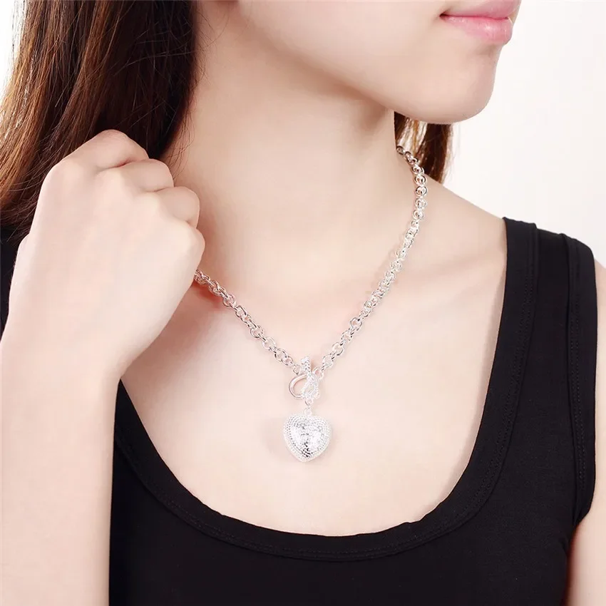 Pendant Necklace Silver Necklace 925 Sterling Silver Necklace Jewelry 18 inches Shiny Crystal Heart Key necklace for women Christmas gift