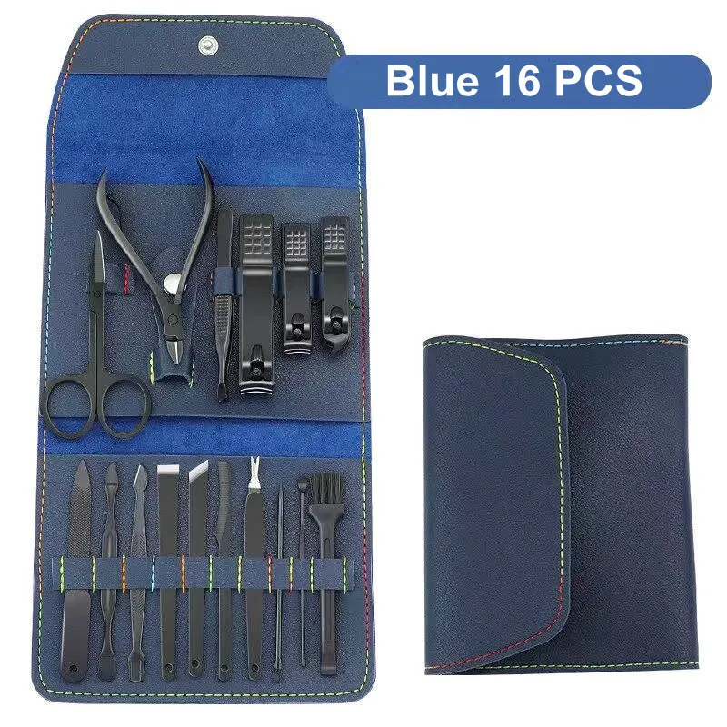 Nail Clippers Set 16PCS Stainless Steel Nail Cutter Folding Bag Manicure Cutter Kits Scissors Makeup Beauty Tool
