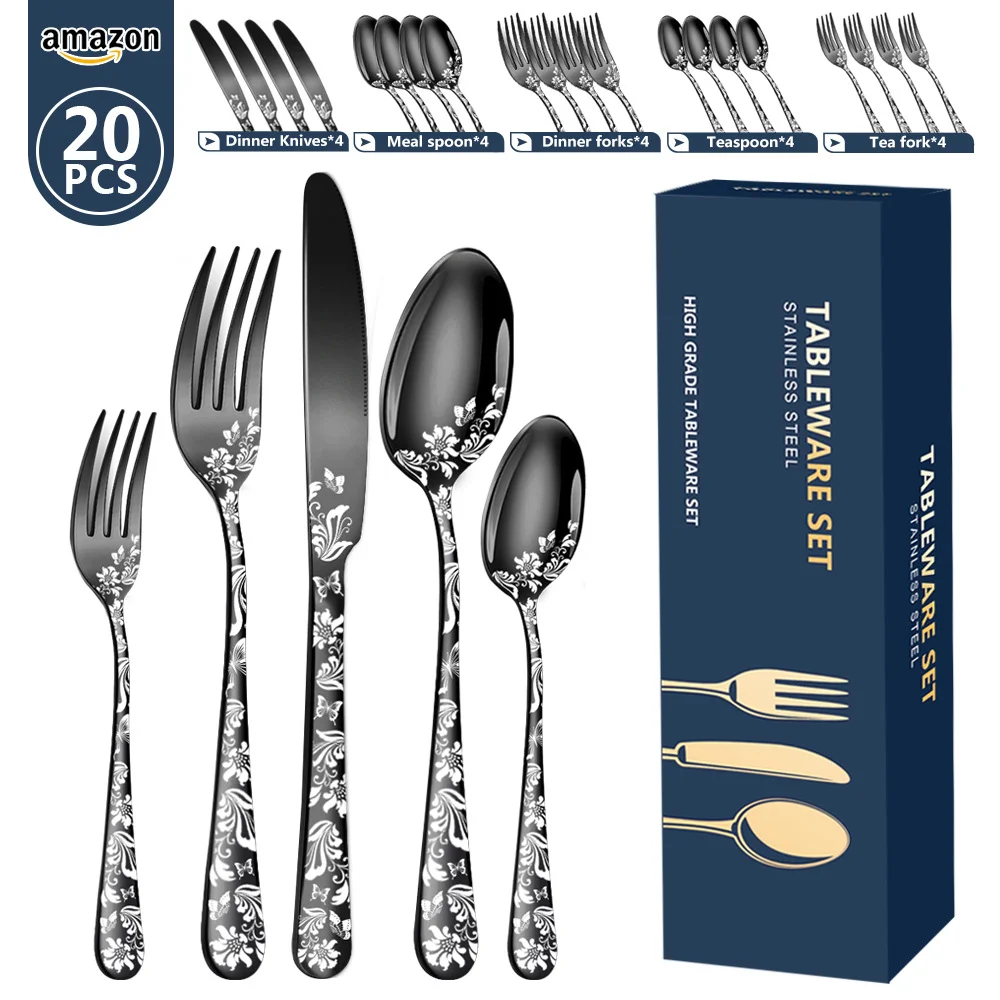 

New High Quality Hot Pattern Stainless Steel Tableware 5 Components 20-Piece Set Western Food/Steak Knife and Fork Spoon Kit