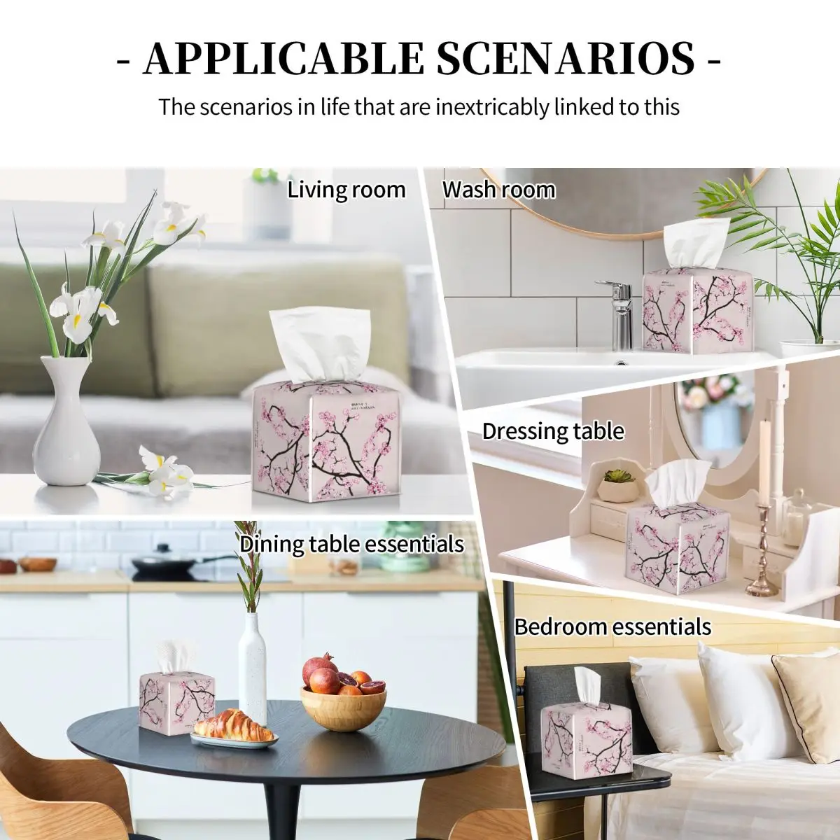 Custom Pink Floral Cherry Blossom Tissue Box Cover PU Leather Square Japanese Sakura Flower Facial Tissues Holder for Home 5
