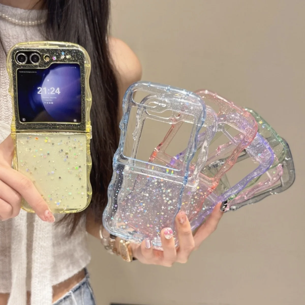 3D Wave Glitter Star Sequins Clear Shockproof Phone Case with Curved Edge Design