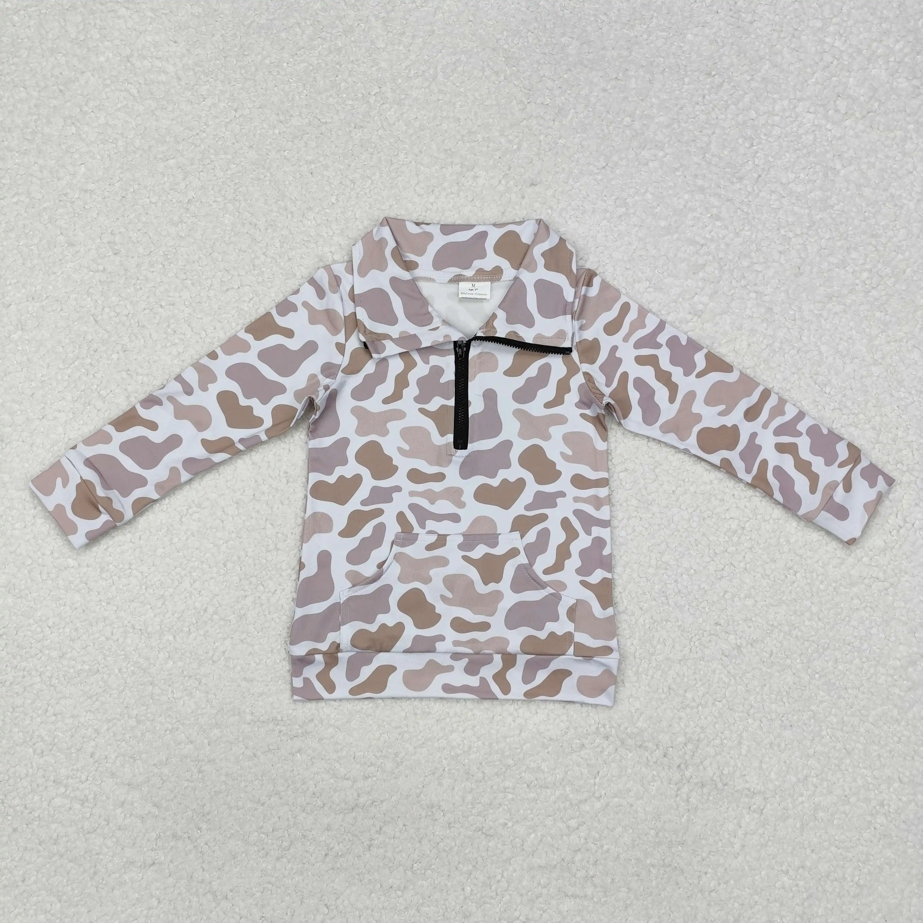 BT1037 Summer baby boy clothes Pocket camouflage light brown zippered long sleeve top Boutique kids clothes boys