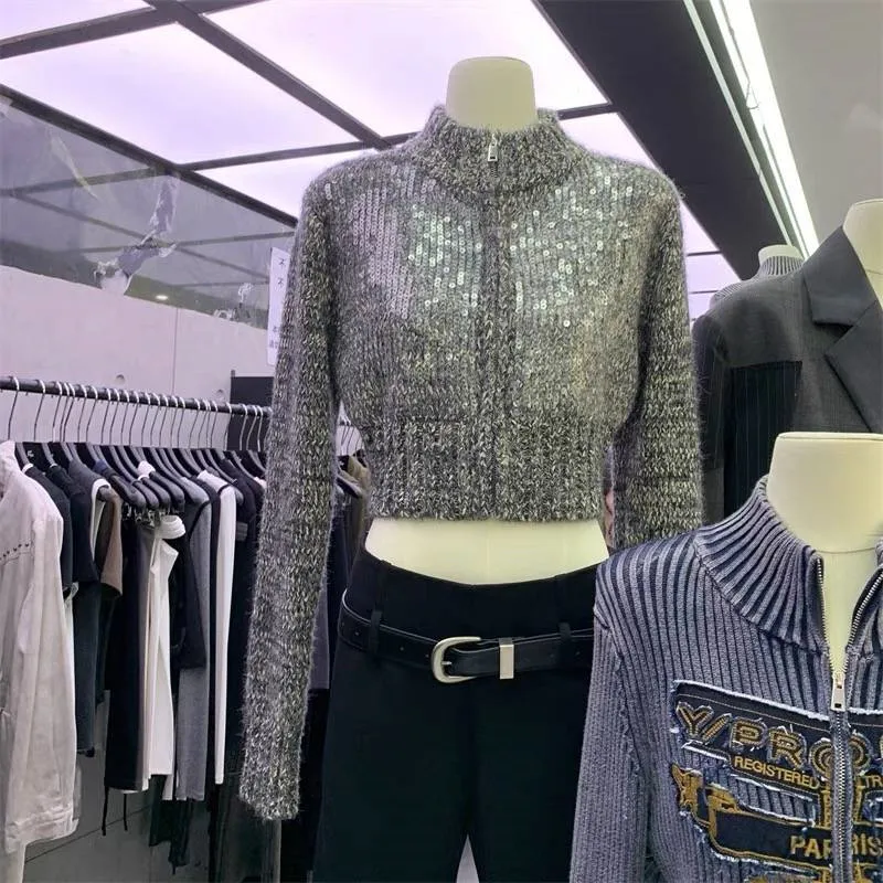 

Spring Autumn Sequined Short Sweater Coat Zipper Half Turtleneck Knit Cardigan Women Long Sleeve Crop Jacket Knitwear H633