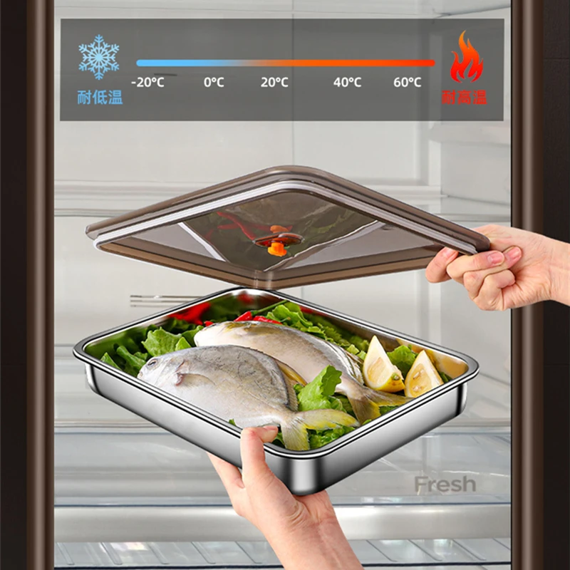 

304 Stainless Steel Food Storage Box Vegetable Fruit Meat Fresh-keeping Box Refrigerator Food Storage Containers With Sealed Lid