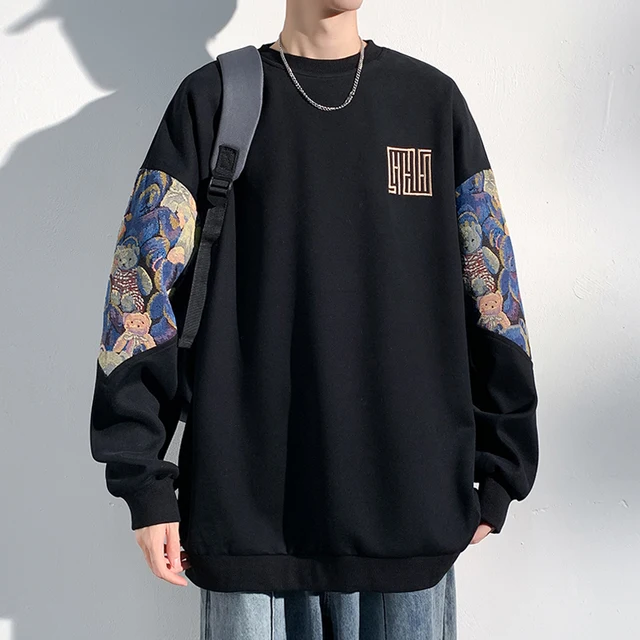 Autumn New Men's Sweatshirts Bear Parttern Patchwork Oversized Male Clothing Embroidery Design Round Neck Pullover Tops 1