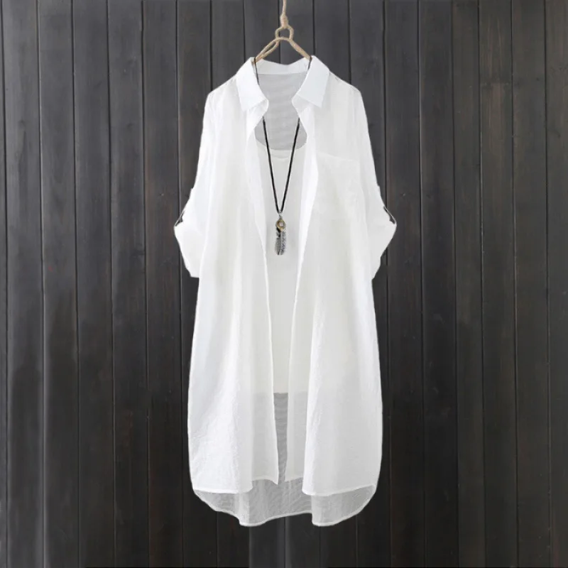 Summer Shirt Mid-length Vermicelli Striped Top Loose and Fashionable Cardigan Sunscreen Thin Jacket 6
