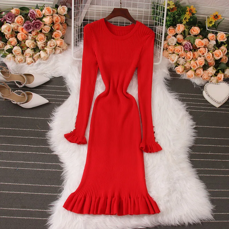 

Autumn Winter Knitted Bodycon Dress Women Fashion Round Neck Long Sleeve Ruffled Hip Wrap Red Long Dresses Women