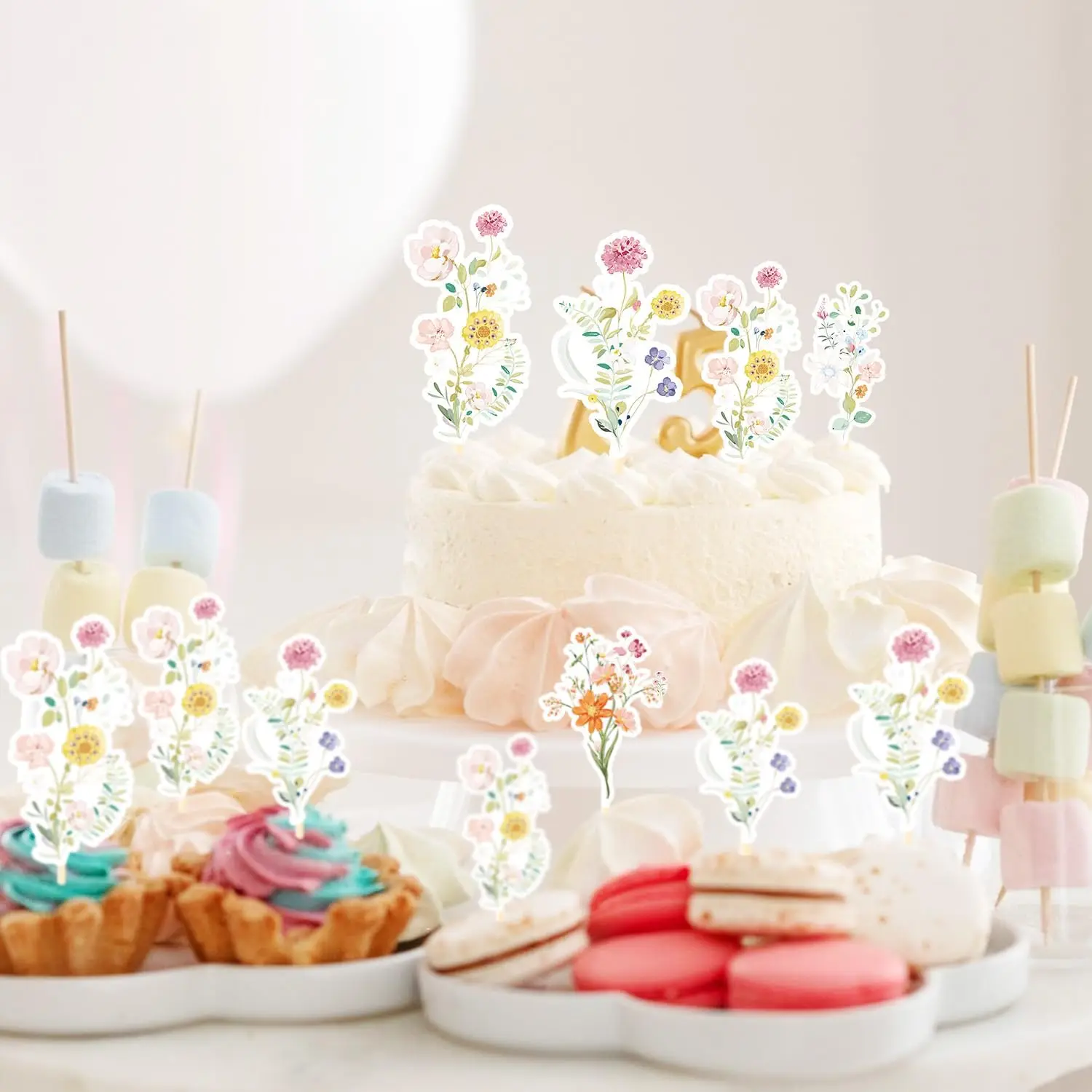 Wildblumen-Geburtstagsparty-Dekoration, 40 Stück, florale Cupcake-Topper, Babyparty, Kuchendekoration, Blumen-Geburtstags-Cupcake-Topper für Mädchen – Detail 6