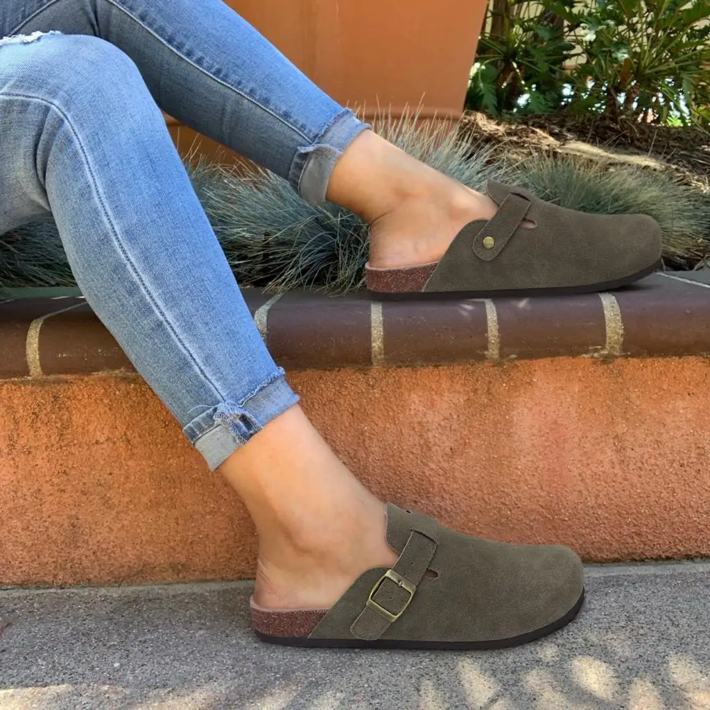 Goosecret Women's Suede Clogs New Summer Cork Insole Slippers With Arch Support Cozy Casual Beach Sandals Indoor Cozy Home Shoes