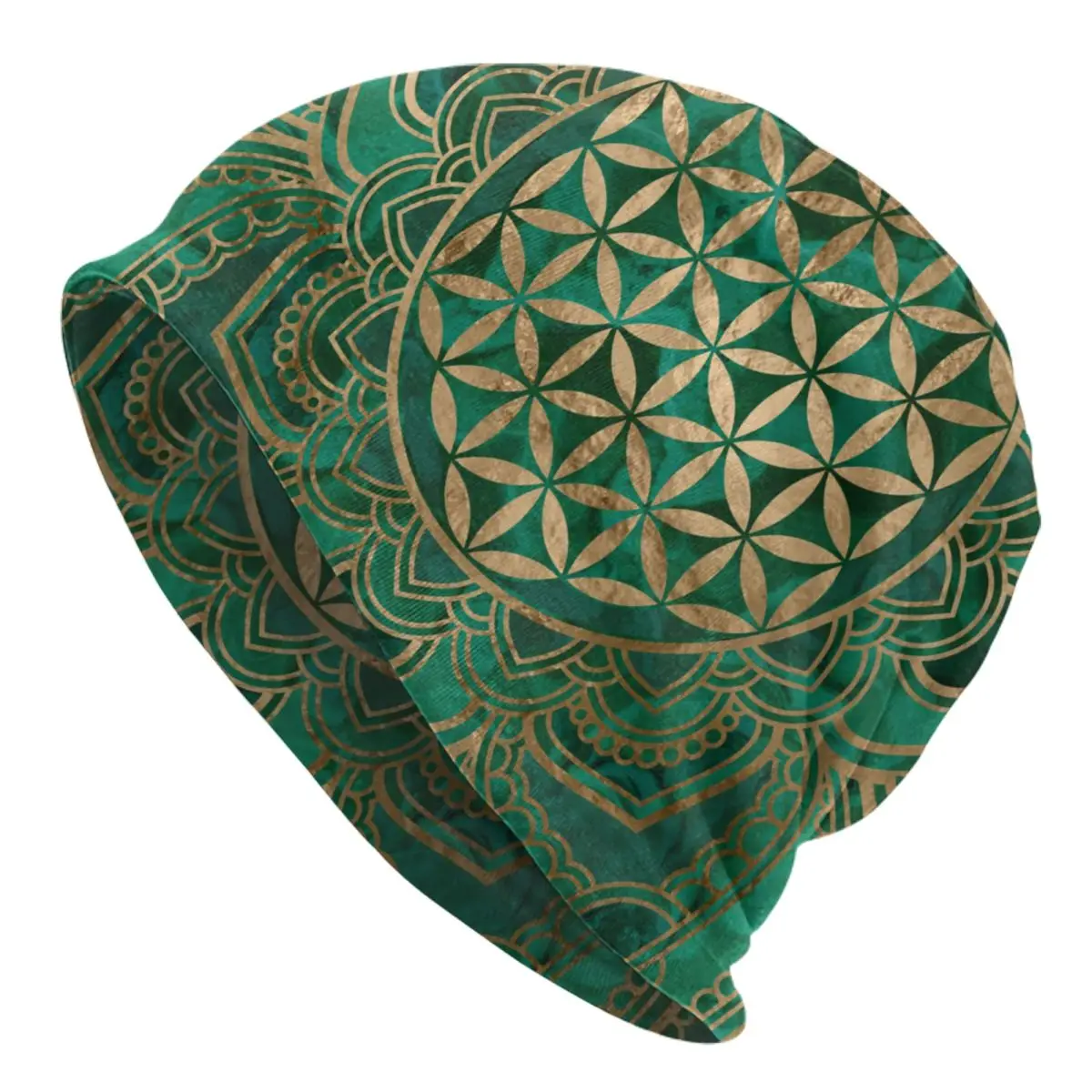 

Flower Of Life In Lotus Malachite And Gold Bonnet Hat Knit Hat Mandala Skullies Beanies Hat Men's Women's Warm Dual-use Cap