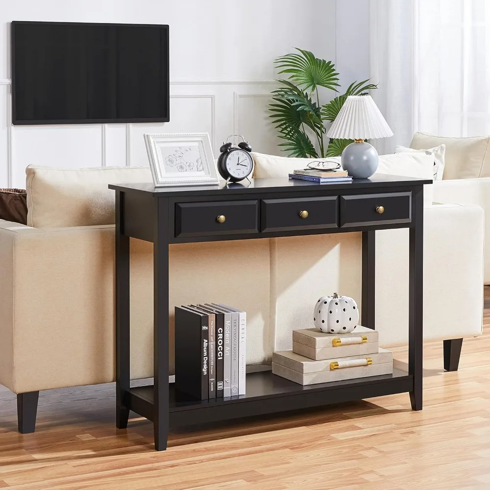 Console Table with 3 Drawers, Wood Entryway Table with Storage Shelf, Sofa Tables Narrow Long for Living Room, Entryway, 6