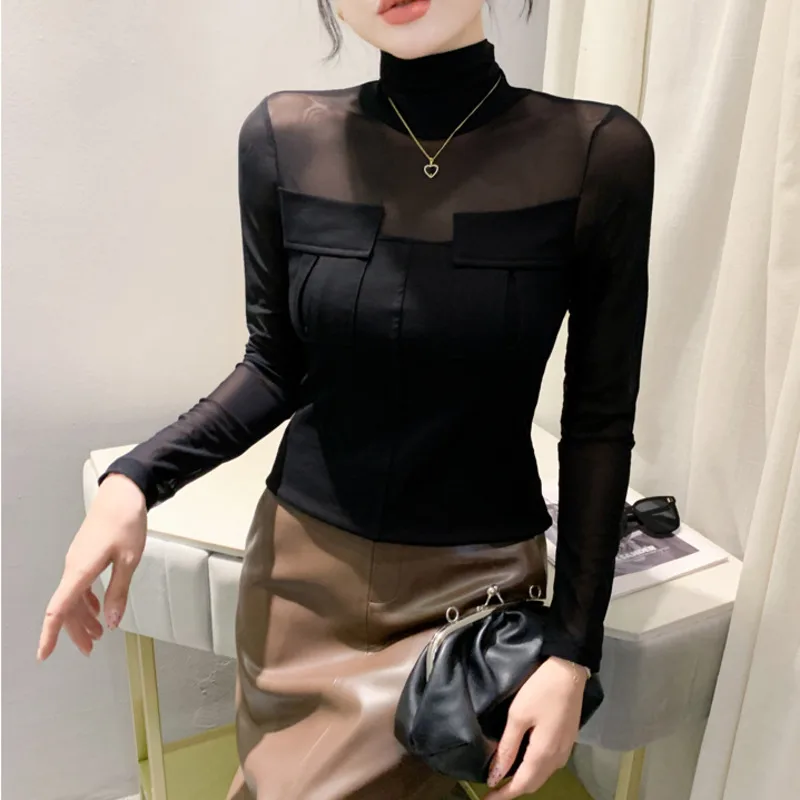 

#8945 Spring Streetwear Black Turtleneck T Shirt Women Split Joint Mesh Skinny Tshirt Thin Sexy Office T-shirt Femme Perspective