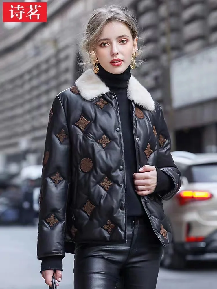 

2023 Spring Winter Haining Leather Down Jacket Women's Short Style Mink Hair Collar Fashion Casual Embroidered Sheep Fur Coat