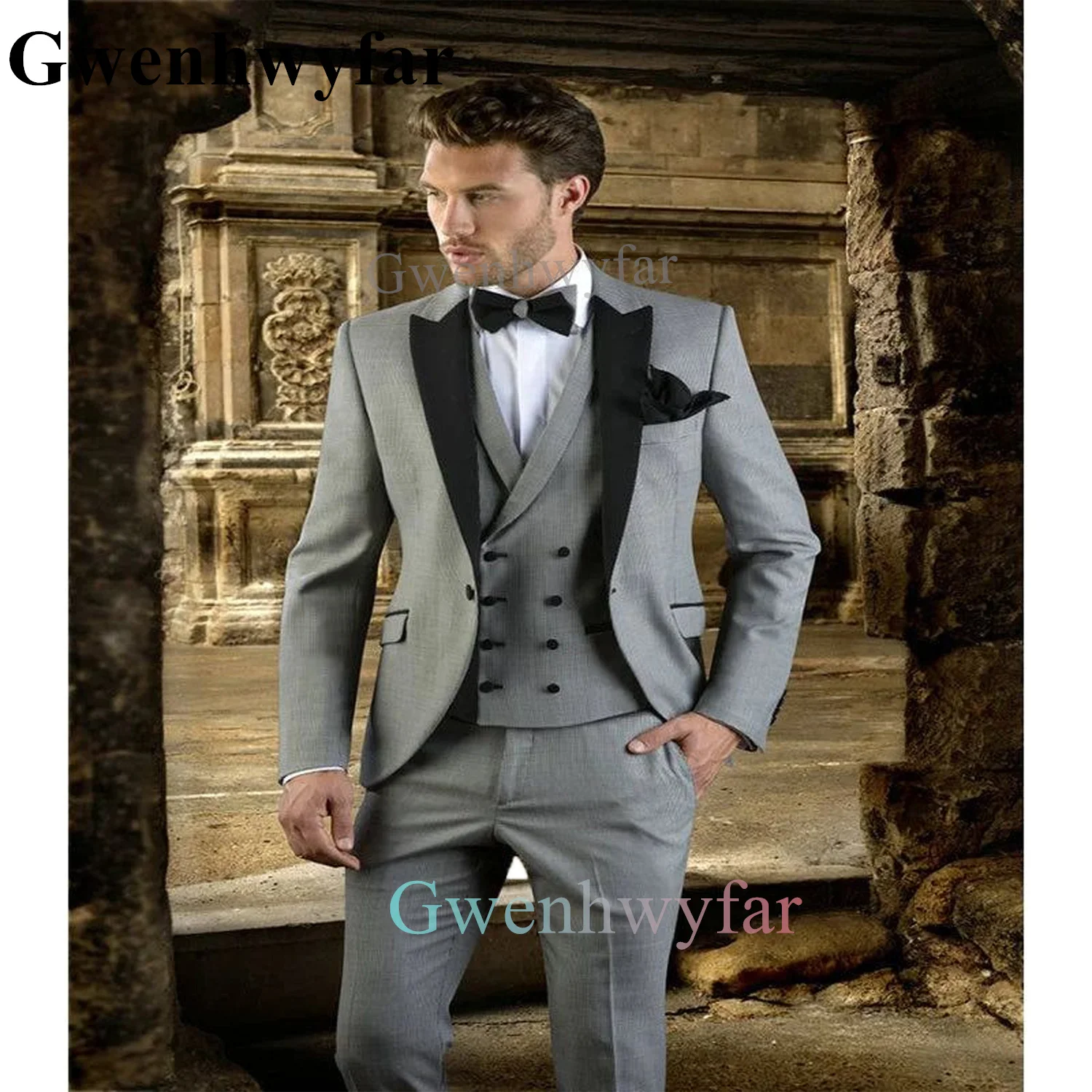 

Gwenhwyfar Groom Wear 3 Pieces Gray Men Suits 2023 Slim Fit Peak Lapel One Button Tailor Made Terno Masculino (Jacket+Pant+Vest)