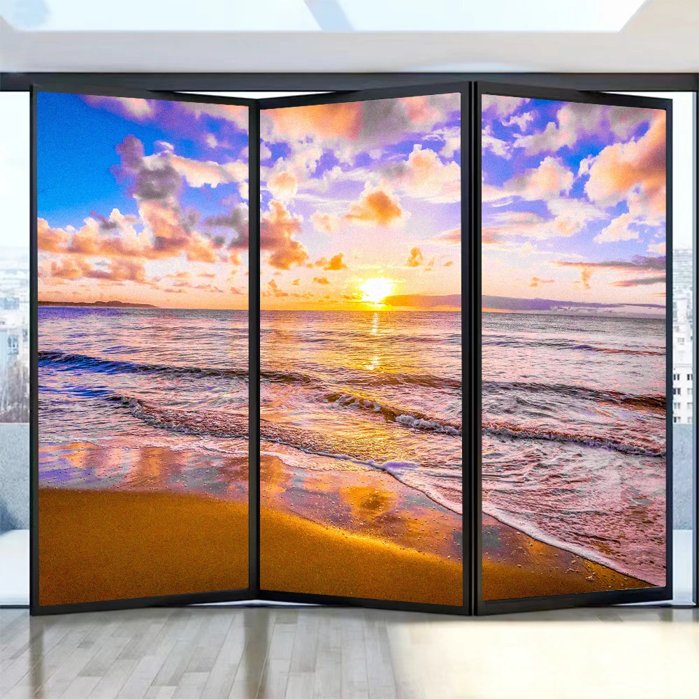 

Sunrise Sea View Pattern Privacy Window Film PVC Frosted Sun Blocking Static Cling Glass Stickers Bathroom Door Home Decor Film