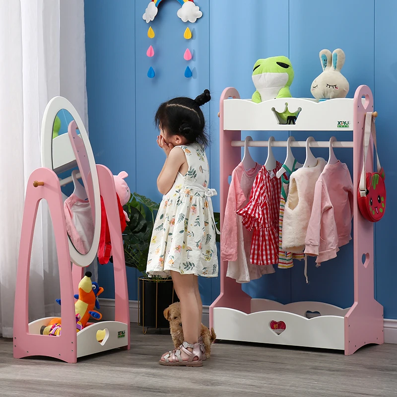 Children's Room Hanger Floor Solid Wood Dressing Mirror Bedroom Cartoon Ins Wind Kindergarten Coat Rack