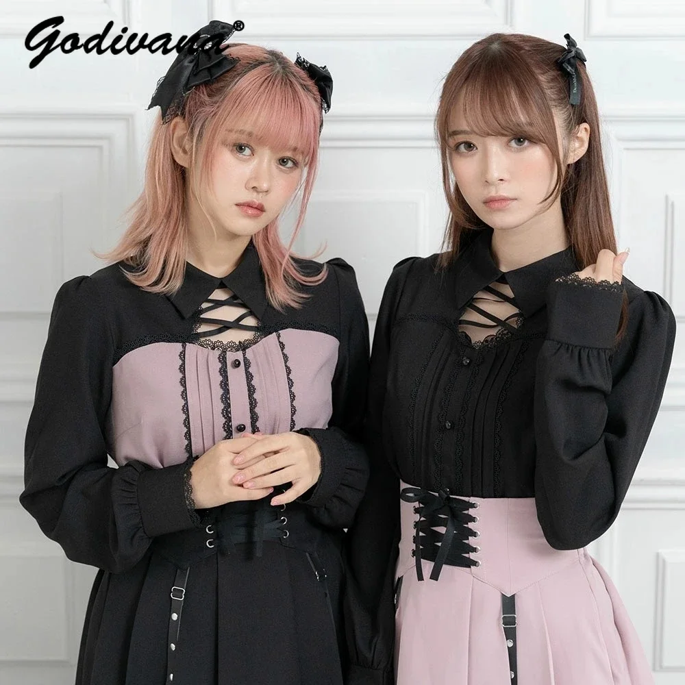 Cross Lace-up Long-Sleeved Shirt for Woman Mine Series Mass Production Lolita Blouse Sweet Girl Spring Autumn Top Blusas