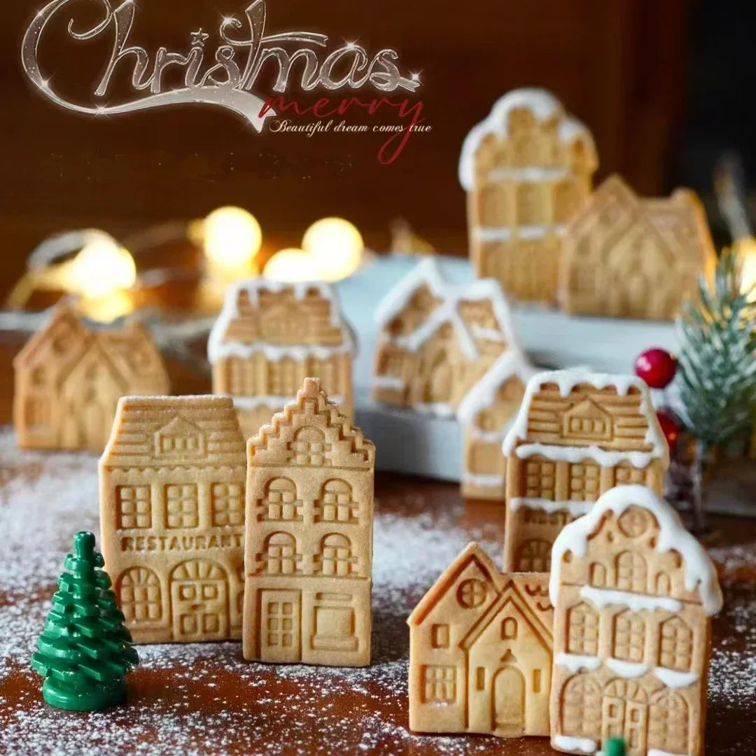 4Pcs Christmas Gingerbread House Pattern Cookie cutter Biscuit Stamp Fondant Cake Decoration Baking Accessories