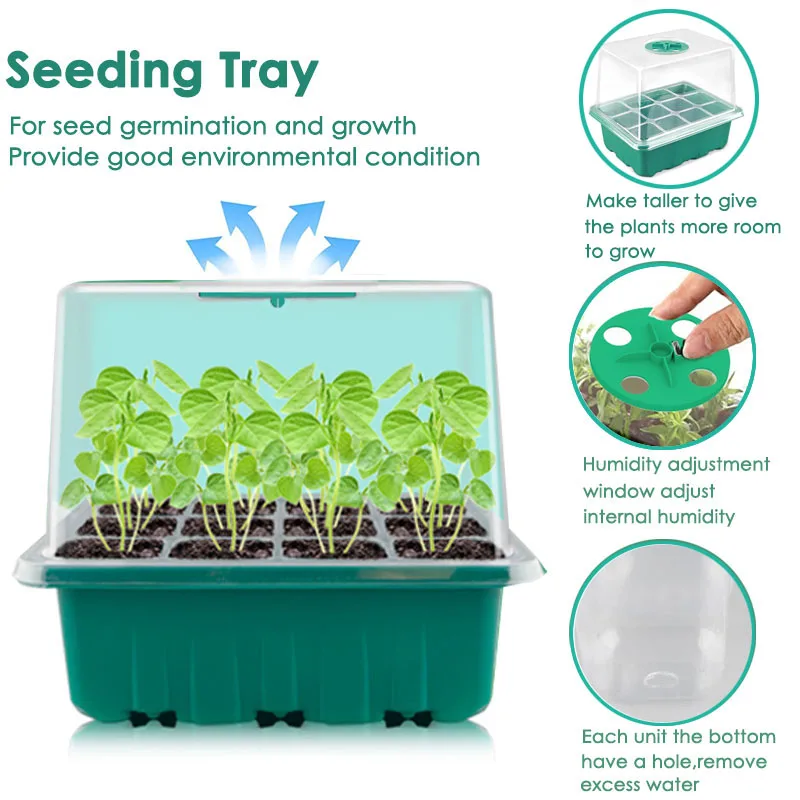 12/48 Cells Highter Nursery Pots Seeding Trays Seed Starter Kits Humidity Domes Cover Gardening Plant Germination Trays Box