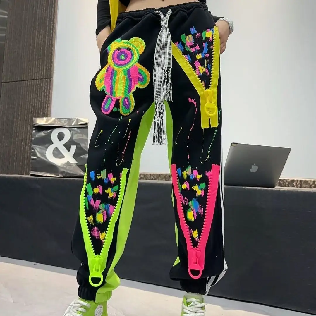 

American Street Graffiti Wide Leg Casual Sweatpants Personalized Zip Drawstring Elastic Waist Cargo Pants Women Long Trousers
