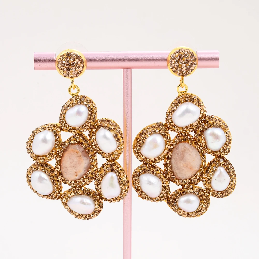 G-G Cultured White Baroque Freshwater Pearl Sunstone Gold Plated Champagne CZ Stud Earrings Vintage Flower Earrings