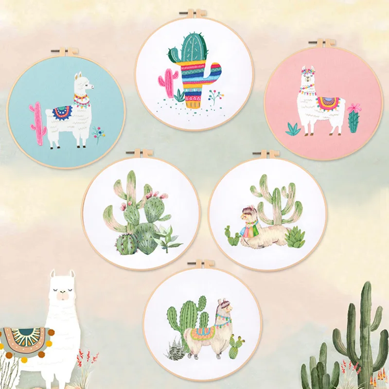 Embroidery Kit Adults Beginners Starter Cross Stitch Kit Alpaca Cactus Pattern Stamped Embroidery Cloth