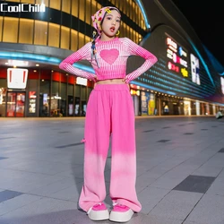 Girls Lovely Streetwear Children Hip Hop Crop Top Gradient Loose Pants Teen Clothes Sets Kids Street Dance Sweet Jazz Costumes
