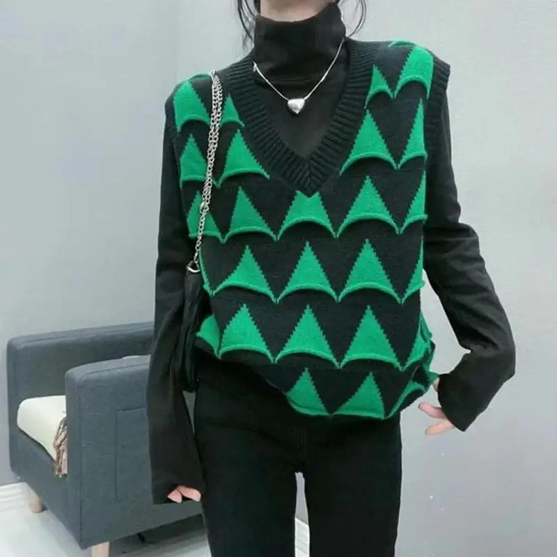 

Винтажный вязаный свитер с V-образным вырезом, жилет, женский свитер без рукавов с узором ромбиками, пуловер, Осенний Повседневный безрукавк...
