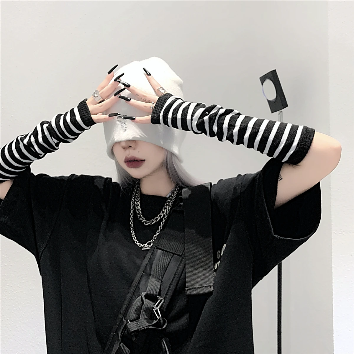 Autumn and Winter Women Anime Black White Striped Elbow Gloves Warmer Knitted Long Fingerless Arm Gloves Mittens Christmas Gift fingerless gloves