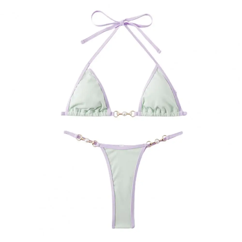 

2 Pcs/Set Chic Three-point Summer Bikini Set Colors Matching No Constraint Imitation Pearl Women Bikini Set Halter Neck