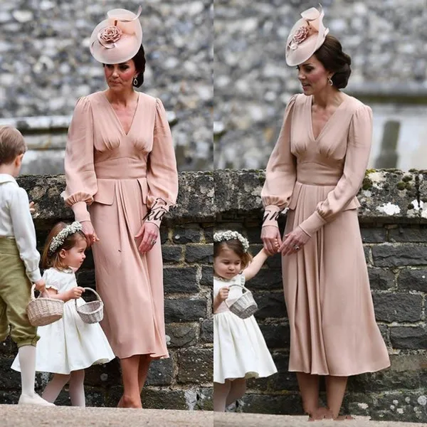 

Kate Middleton Simple Chiffon Mother Of The Bride Dresses Long Sleeves Tea Length Vintage Wedding Guest Dress V neck Dusty Pink