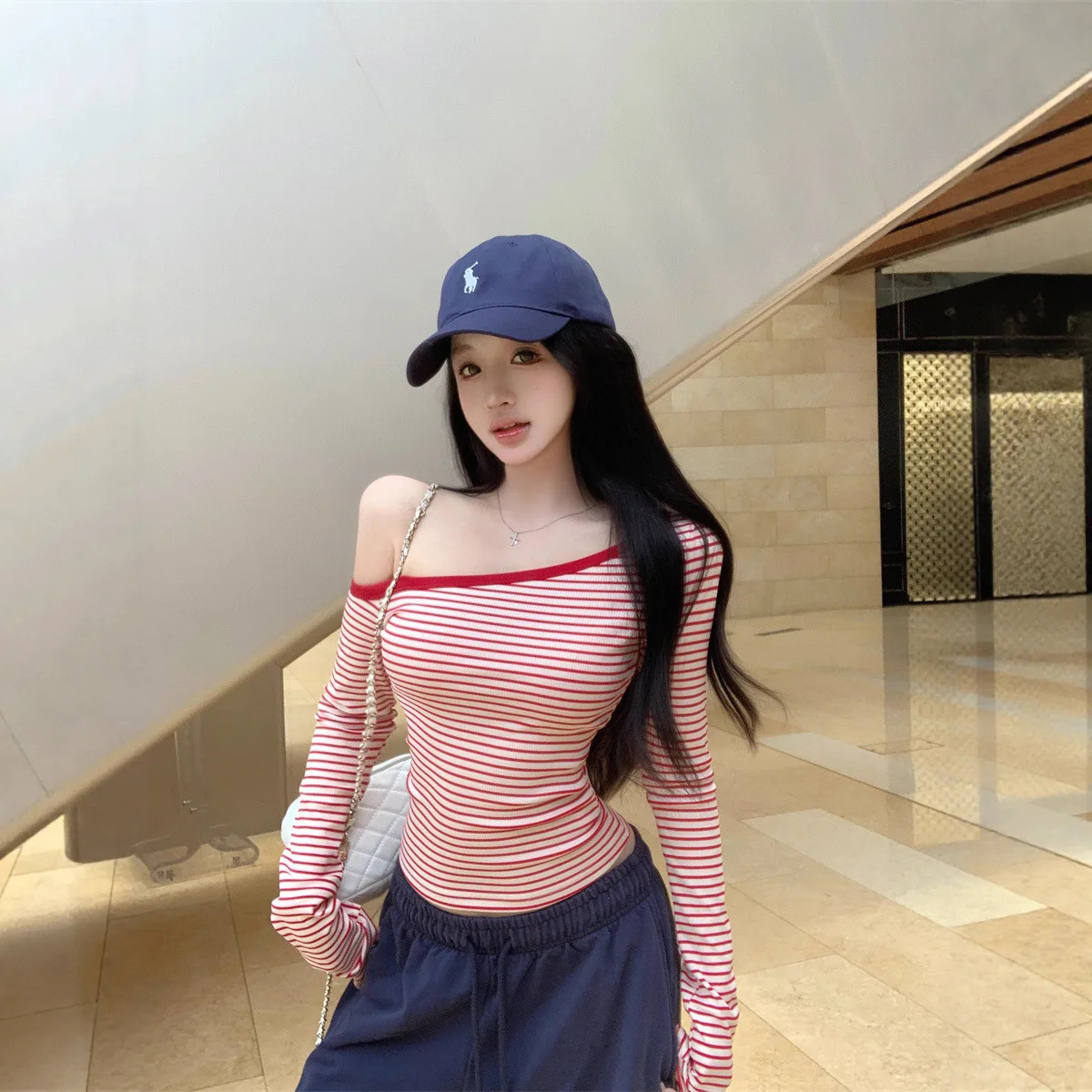 Red Striped Long Sleeve Women T Shirt Autumn Spring